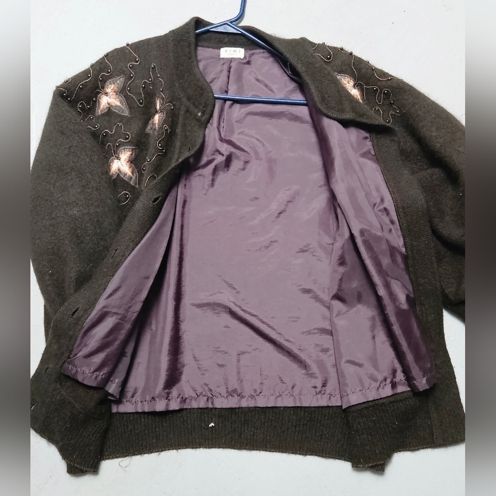 Vintage VIMI 100% Angora Wool Embroidered Dark Chocolate Sz L Lined Cardigan - Picture 15 of 15